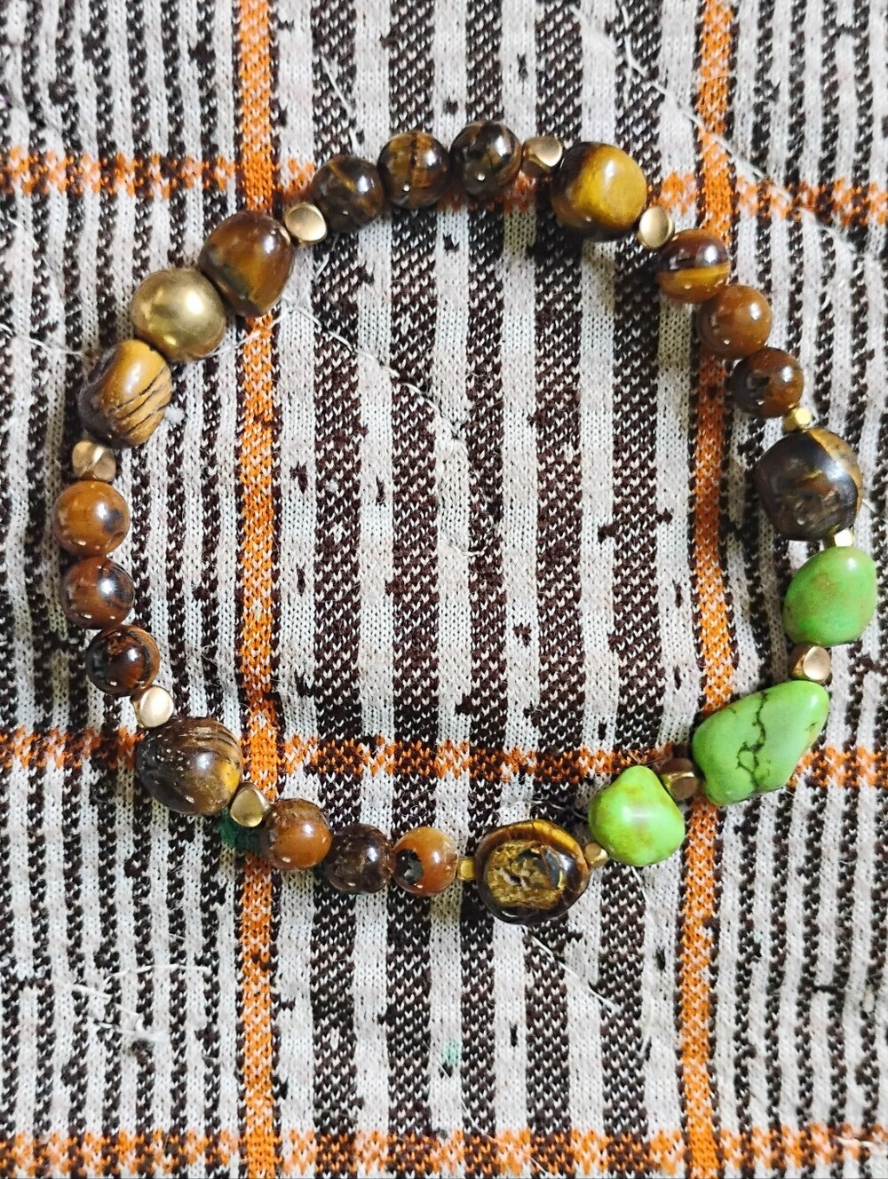 Large Tiger Eye and Green Turquoise Stretch Bracelet - Picture 3 of 6
